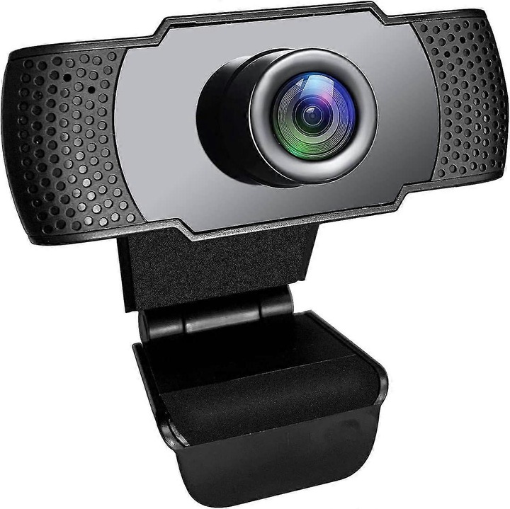 Уеб камера USB FRU-CJK0424-260918-1294, Full HD 1080p, вграден всепосочен микрофон, регулируема въртяща се на 90° щипка, Plug and Play, черна