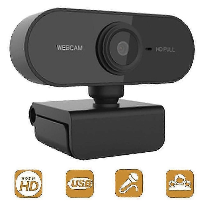 Уеб камера FRU-CJK0424-260919-108, Full HD 1080P, въртяща се на 360° основа, затвор за поверителност, микрофон с намаляване на шума, USB plug-and-play, черна