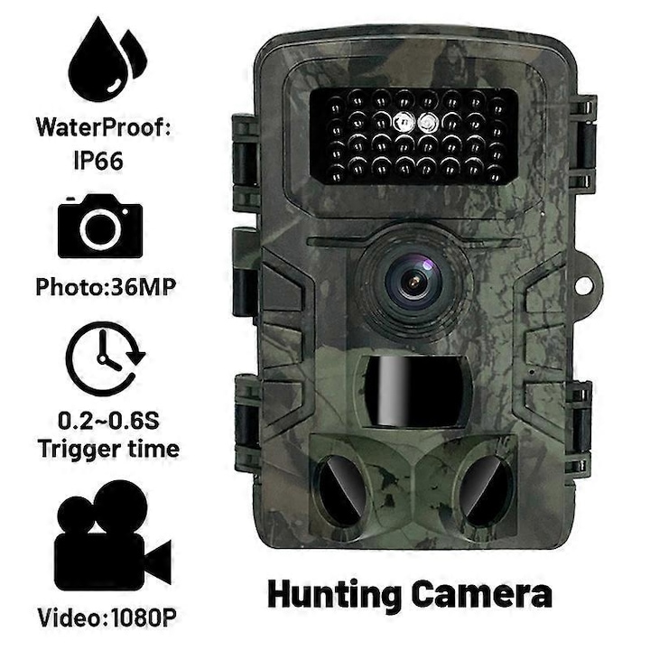 Ловна камера FRU-CJK0424-260919-172, 36MP, видео 1080p, 34 невидими IR LED 940nm, нощно виждане до 20 м, PIR 120°, време за задействане 0,3–0,6 сек, IP66, microSD до 256 GB