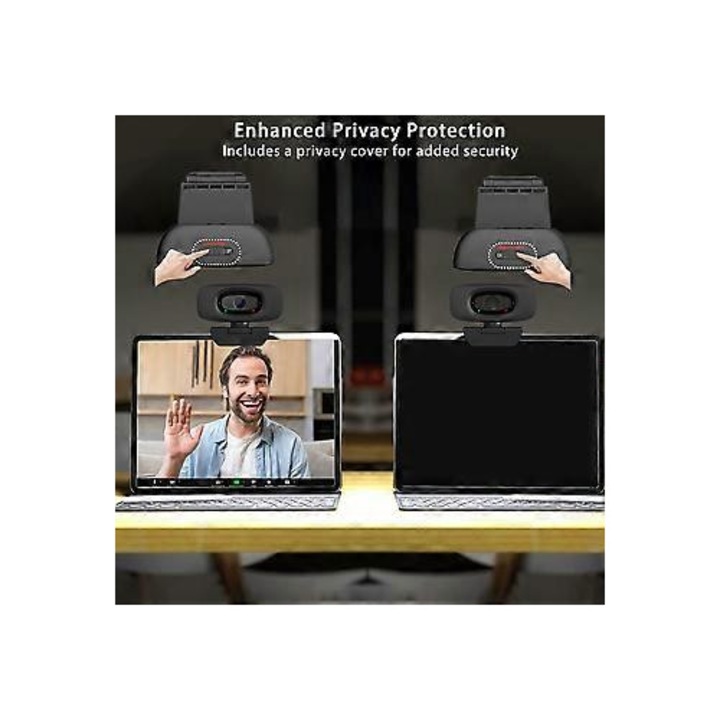 Уеб камера USB FRU-CJK0424-260919-1378 4K (8MP/30fps) с автофокус, широк ъгъл 120°, вграден микрофон, плъзгащ се капак за поверителност, статив, plug-and-play Windows/macOS/Linux, черна