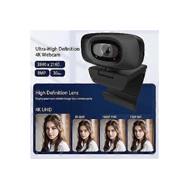 Уеб камера USB FRU-CJK0424-260919-1378 4K (8MP/30fps) с автофокус, широк ъгъл 120°, вграден микрофон, плъзгащ се капак за поверителност, статив, plug-and-play Windows/macOS/Linux, черна