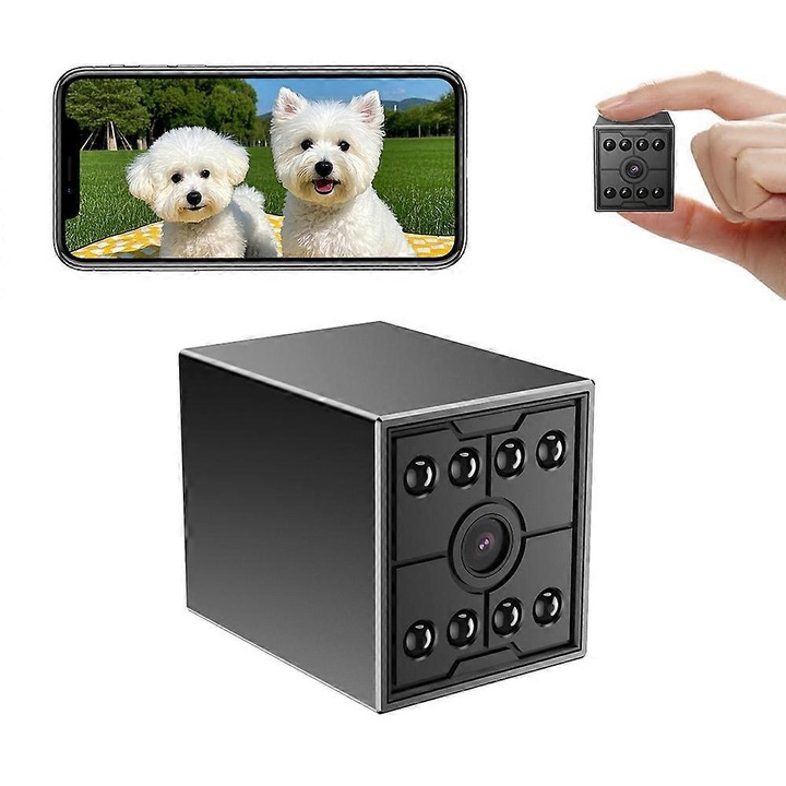 Мини WiFi камера за наблюдение W09 FRU-CJK0424-260919-877, 1080p Full HD, ъгъл на видимост 130°, IR нощно виждане, детекция на движение, вграден микрофон, батерия 1200mAh, черна, 51 x 38 x 41 мм