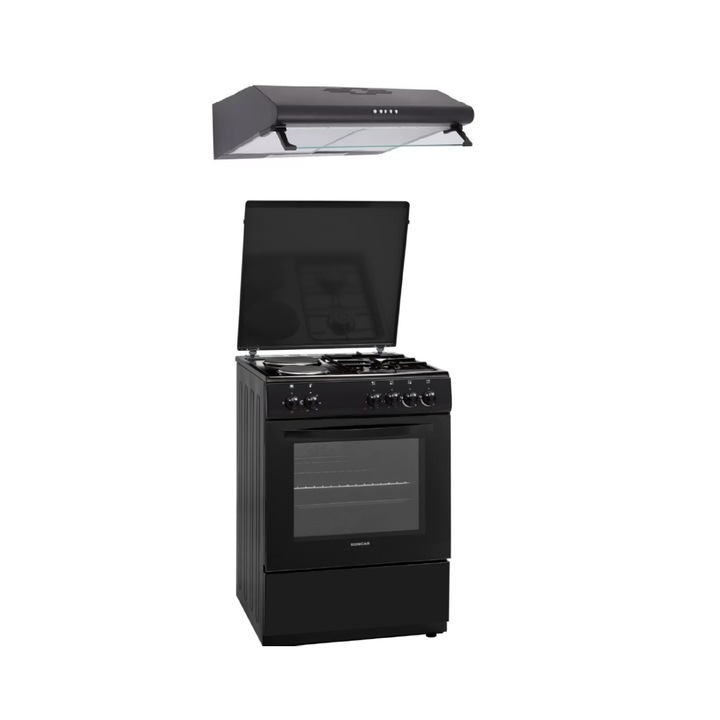 Pachet Aragaz clasic mixt, Cuptor electric cu 2 arzatoare gaz si 2 arzatoare electrice Koncar si hota clasica 2 motoare, Clasa A, 72 l, 60 x 60 cm, Negru