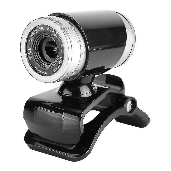 Уеб камера USB clip-on FRU-CJK0424-260919-1137, 0.3MP (640x480) 30fps, вграден микрофон, въртяща се на 360°, регулируем фокус 8mm-∞, Plug & Play, черно/сребристо