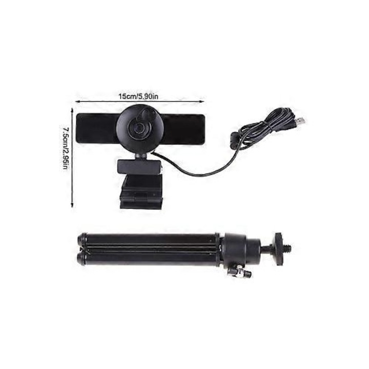 Уеб камера USB FRU-CJK0424-260919-1448, 1080p, автофокус, вграден микрофон с шумопотискане, капачка за обектив, включен статив, черна