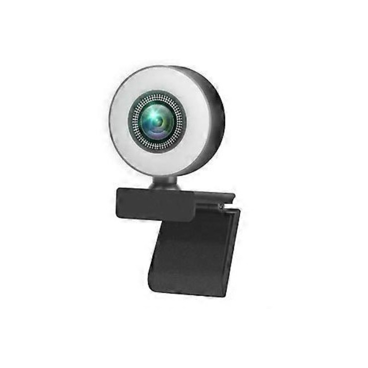 Уеб камера FRU-CJK0424-260919-1480, Full HD 1080p, 8MP сензор, автофокус, ринг осветление с автоматичен контрол на светлината, вграден микрофон, регулируема стойка/щипка, бял/черен