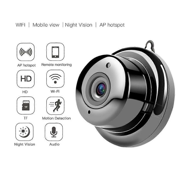 WiFi камера за наблюдение FRU-CJK0424-260919-1410, 1 MP (HD), нощно виждане 10 м, детекция на движение, вграден микрофон и високоговорител, слот за microSD до 64GB, черен/сребрист