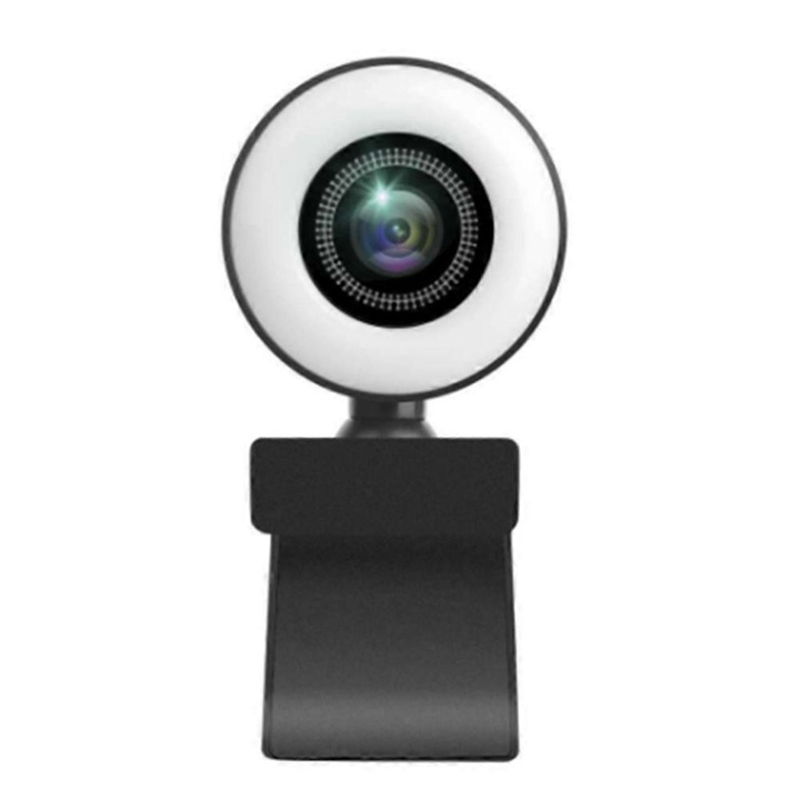 Уеб камера Full HD 1080p FRU-CJK0424-260918-1112, 8MP, автофокус, вграден микрофон, регулируема светлина (ring light), черна/бяла