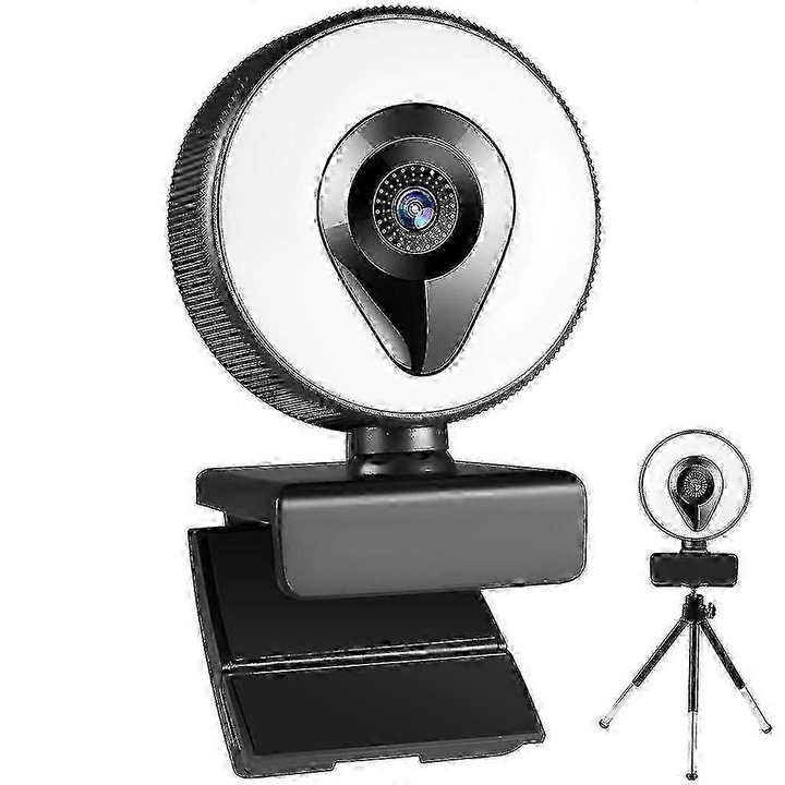 Уеб камера USB с автофокус и LED ринг светлина, вграден микрофон, 1080p/2K/4K, USB 3.0, стойка тип щипка/трипод, черна, FRU-CJK0424-260919-1000