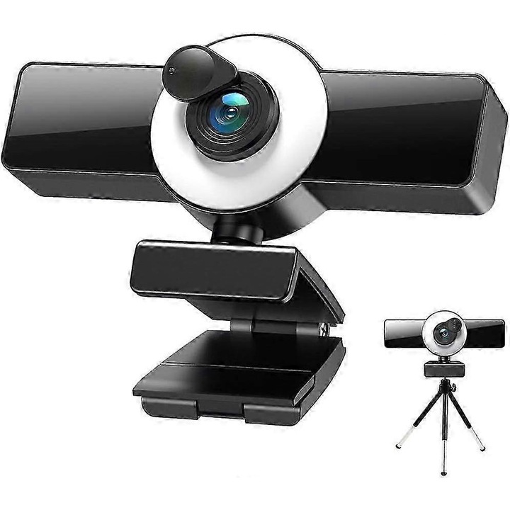 Уеб камера 1080p FRU-CJK0424-260919-840, бърз автофокус, тъч LED пръстен с 3 режима и 3 нива на яркост, микрофон с намаляване на шума, USB, черна