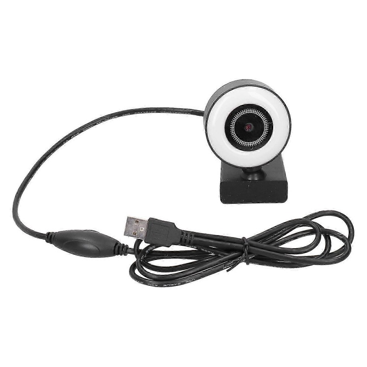 Уеб камера с осветление A33 FRU-CJK0424-260919-049, 1080p Full HD, USB 2.0, вграден микрофон, светещ пръстен, ъгъл 90°, кабел 1.4 м, черно/бяло