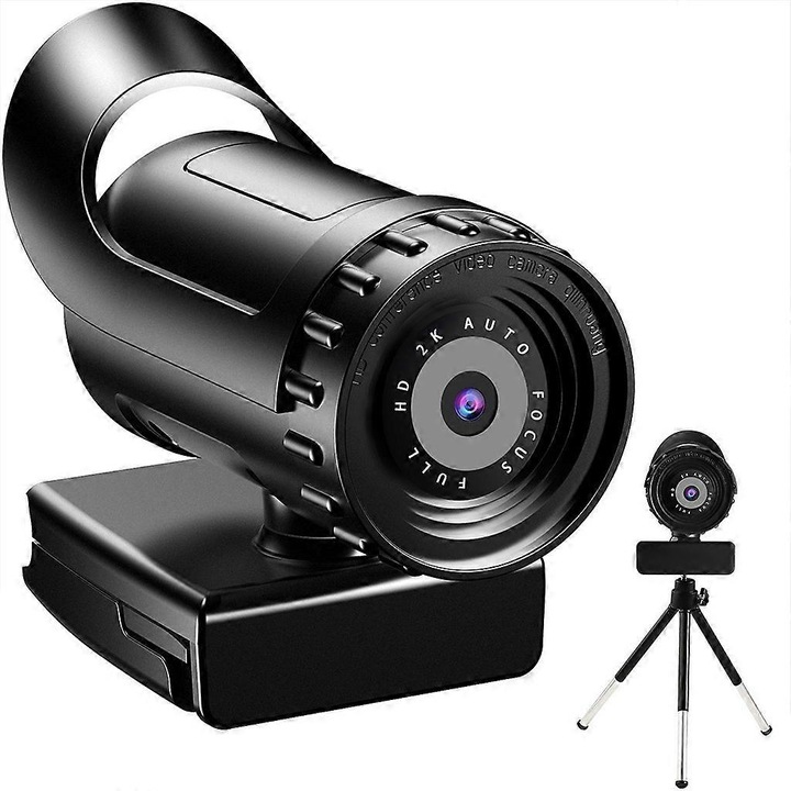Уеб камера FRU-CJK0424-260919-152, 2K/4K HD, CMOS сензор 8MP, широк ъгъл 120°, насочен микрофон с намаляване на шума, USB plug-and-play, черна, кабел 1.8 м, включен статив