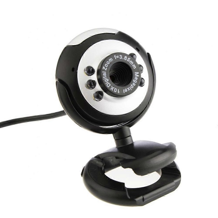 Уеб камера USB FRU-CJK0424-260919-851, 12 MP (софтуерно подобрени), видео 2048x1536, вграден микрофон, 6 LED за нощно виждане, ръчен фокус, USB 2.0, черно/сребристо