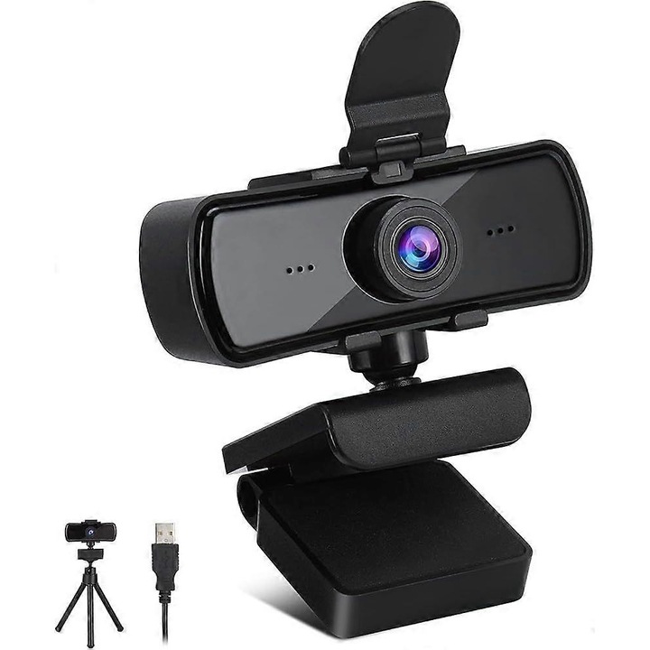 Уеб камера USB FRU-CJK0424-260918-279, 2K/1440p QHD H.265, 30 fps, фиксирана леща, стерео микрофон с намаляване на шума, капак за поверителност, USB кабел 130 см, черна