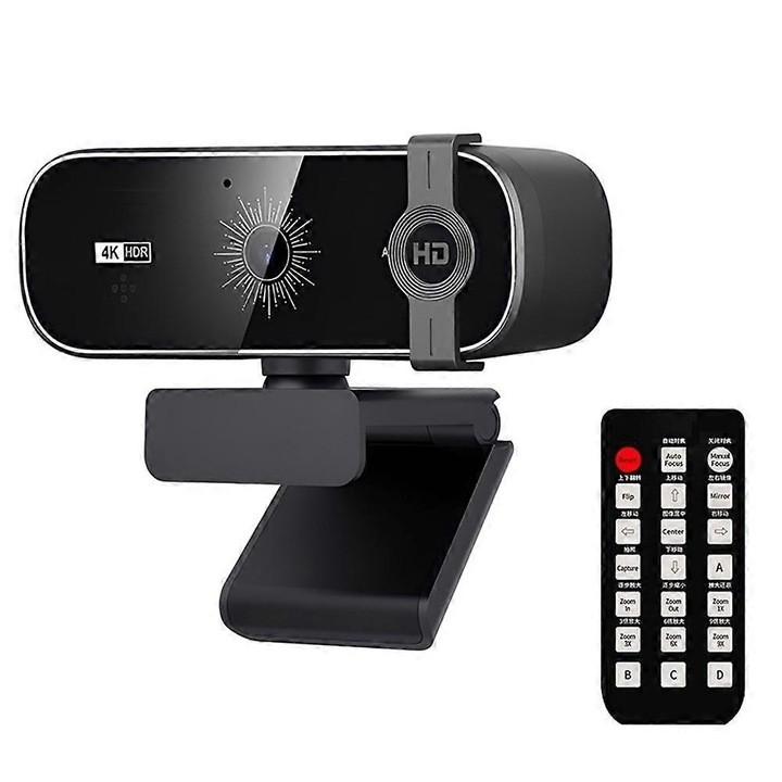 Уеб камера FRU-CJK0424-260919-1373 4K Ultra HD, автофокус, вграден микрофон с намаляване на шума, капак за поверителност, дистанционно управление, въртяща се на 360° основа, 2м кабел, черна