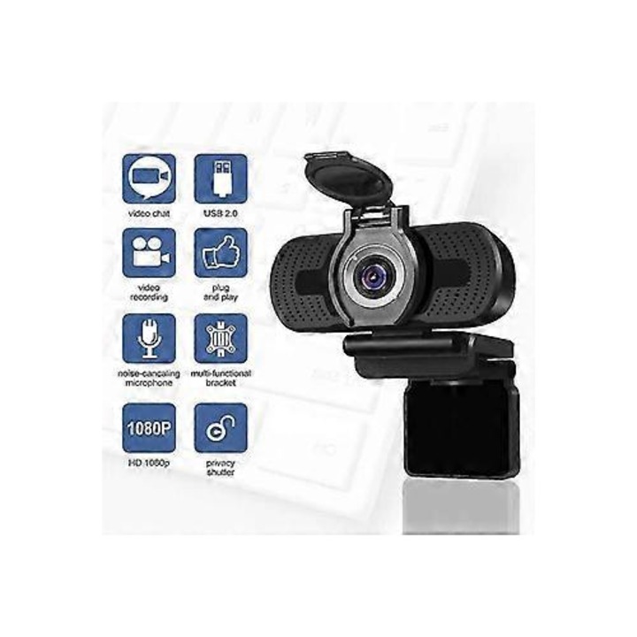 Уеб камера FRU-CJK0424-260919-1288, 1080p 30fps, микрофон с намаляване на шума, USB 2.0, фиксиран фокус, затвор за поверителност и статив, черна