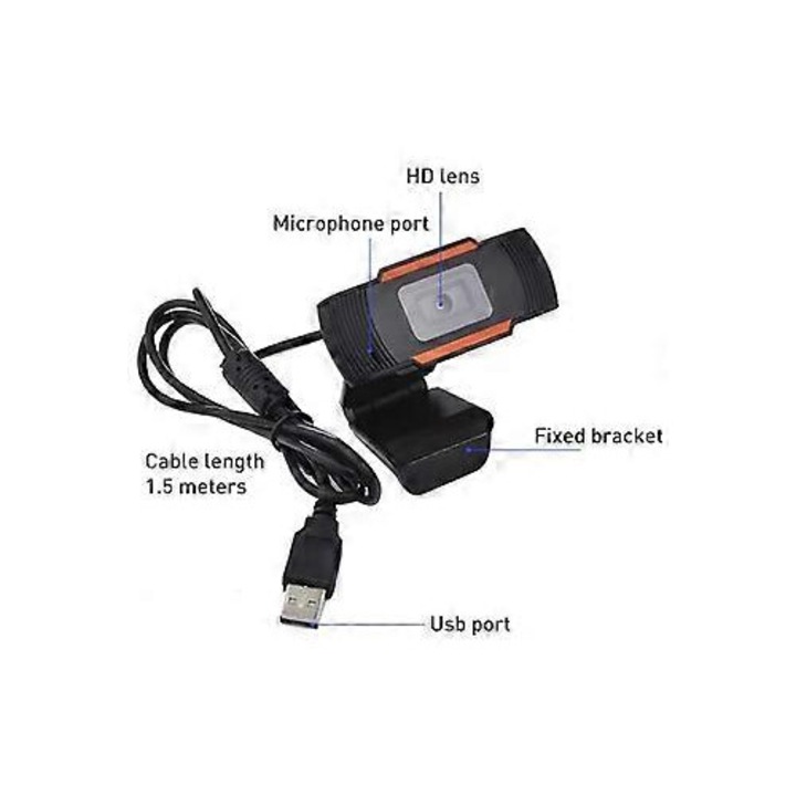 Уеб камера USB FRU-CJK0424-260919-1021, 720p (1280x720) с ръчен фокус, микрофон с намаляване на шума, CMOS сензор, 30 fps, USB 2.0, кабел 150 см, черно/оранжево