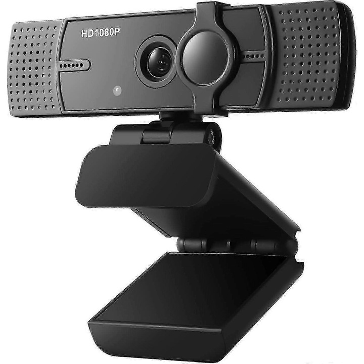 Уеб камера USB FRU-CJK0424-260919-056, 1080p Full HD 30 fps, обектив без изкривявания, двойни микрофони с шумопотискане, автоматична корекция на светлината, H.264, Plug & Play, черна