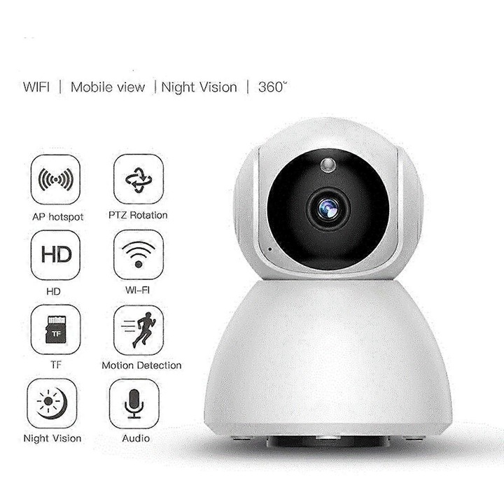 IP камера за наблюдение FRU-CJK0424-260919-1411, Wi-Fi PTZ 355°/100°, HD 1280×720, нощно виждане 10 м, запис на microSD до 64 GB, двупосочно аудио, 5V 1A, бяла
