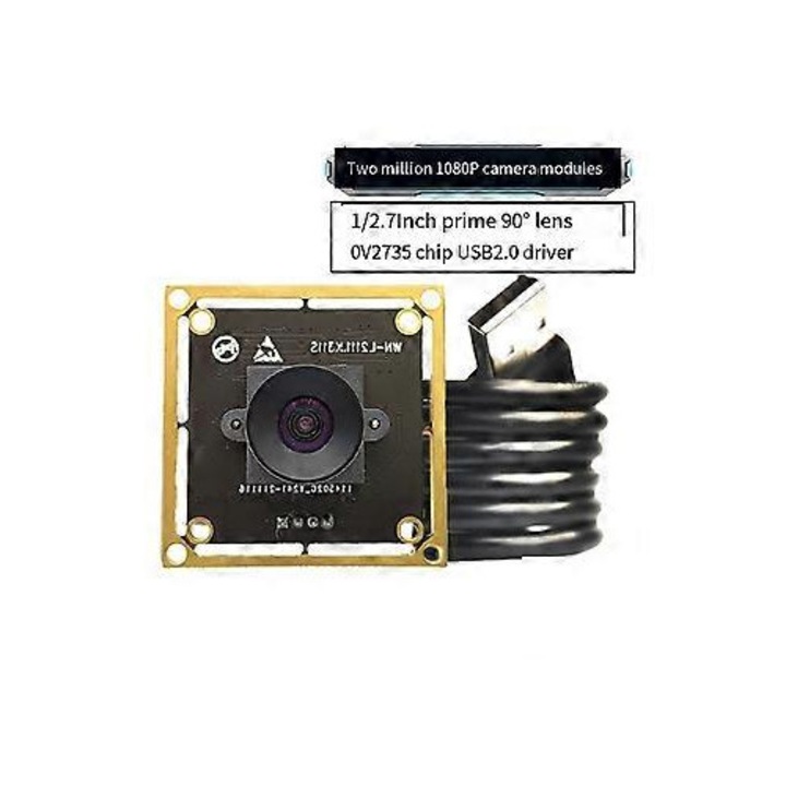 USB камера модул OV2735 FRU-CJK0424-260919-754, 2 MP (1920x1080) 30 fps, MJPEG/YUY2, 95° зрително поле, фиксиран фокус, Electronic Rolling Shutter, 38x38 mm, черен