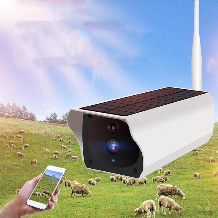 Соларна камера за наблюдение FRU-CJK0424-260919-895, 2MP 1080p, PIR детекция на движение, Wi-Fi A-P hotspot, двупосочно аудио, IR нощно виждане 20 м, TF съхранение макс. 64GB, IP66, бяла, 18.5x9x6.5 см