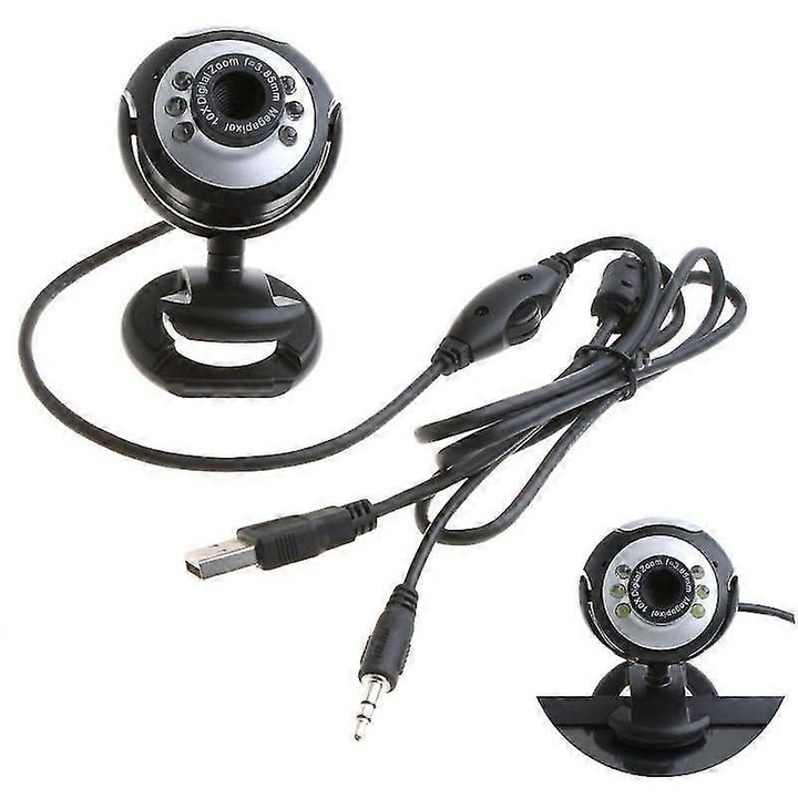 Уеб камера FRU-CJK0424-260919-1161, 6 LED, HD, вграден микрофон, USB 2.0, въртяща се на 360°, регулируем фокус, черно/сребристо