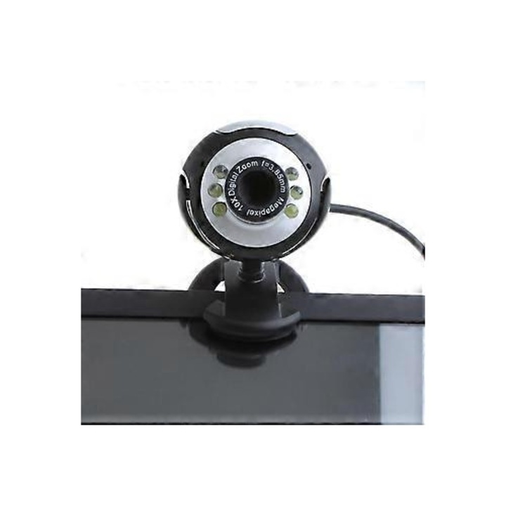 Уеб камера FRU-CJK0424-260919-1161, 6 LED, HD, вграден микрофон, USB 2.0, въртяща се на 360°, регулируем фокус, черно/сребристо
