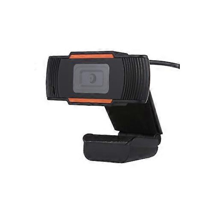 Уеб камера USB FRU-CJK0424-260918-1043, HD 720p автофокус, въртяща се на 30°, 30 кадъра в секунда, USB 2.0, кабел 150 см, черно/оранжево, размери 8 x 3 x 11 см