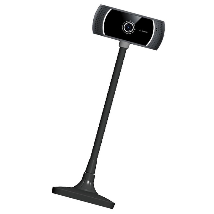 Уеб камера USB FRU-CJK0424-260919-1046 автофокус 720p 30fps, микрофон с шумопотискане, въртяща се стойка на 360°, USB 2.0 кабел, черна, 7.2x3.5x22.5 см
