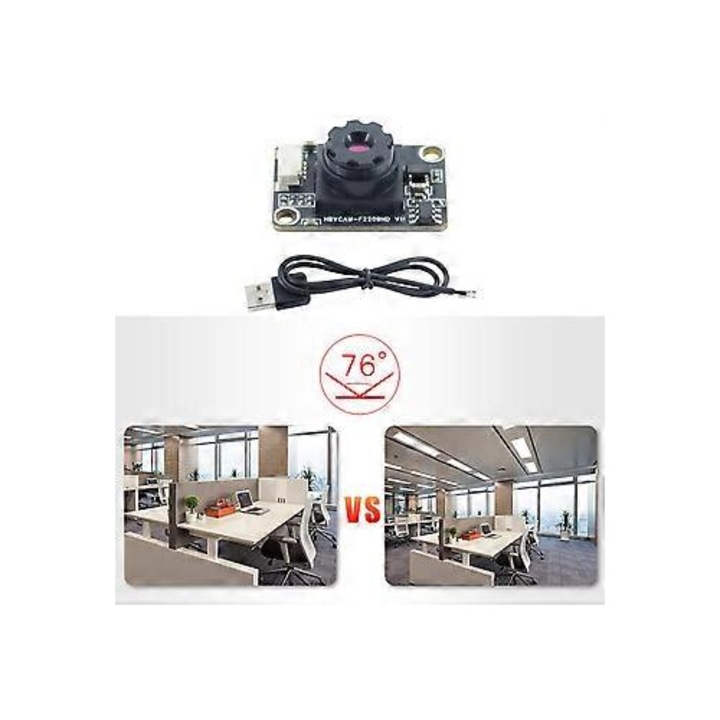 USB камера модул FRU-CJK0424-260919-1156, 2MP (1920x1080) PS5268 1/2.7", WDR, MJPEG 30FPS, фиксирани лещи 76°/88°/100°/160°, черен цвят, 20x14 мм
