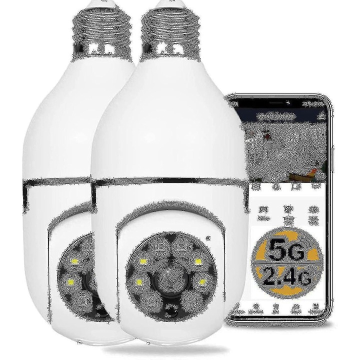 Камера тип крушка FRU-CJK0424-260919-1259, Wi‑Fi двубандов 2.4/5 GHz, 1080p, 360° изглед, монтаж E27, цветно нощно виждане и IR, детекция на движение, контрол чрез приложение, бял, комплект 2