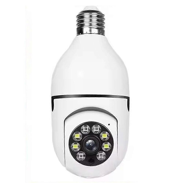 Камера тип крушка E27 FRU-CJK0424-260919-1502, 1080P Full HD, ротация 360°/наклон 90° PTZ, 4x цифрово увеличение, Wi-Fi 2.4GHz, IR нощно виждане 8 LED, детекция на движение, двупосочно аудио, слот за microSD, бял