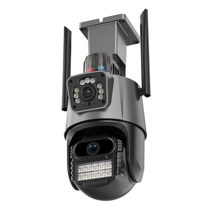 Камера IP QX81 FRU-CJK0424-260918-086, двойна 2MP (комбинирано изображение 4MP), Wi‑Fi 2.4GHz, H.265 AI, откриване и проследяване на хора, двойно осветление (пълноцветно + IR), ONVIF, слот за microSD до 256GB, DC 12V, сива