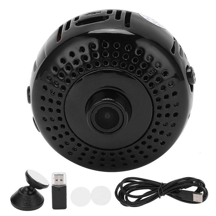 Мини камера Wi‑Fi FRU-CJK0424-260919-1339, 1080P, широк ъгъл 140°, батерия 3.7V 500mAh, PIR детекция на движение, нощно виждане ~5 м, дистанционно управление чрез приложение