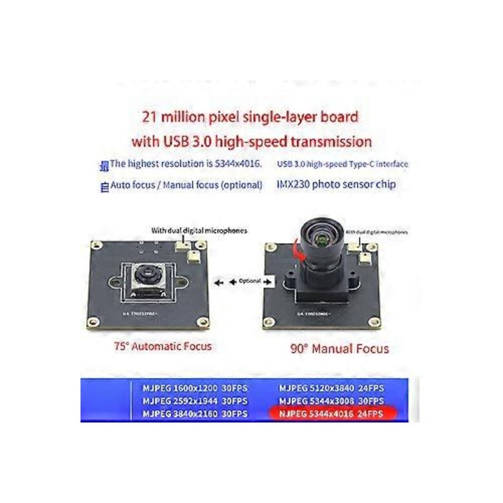 USB 3.0 модул камера IMX230 FRU-CJK0424-260919-417, 20MP (5344x4016), автофокус 75°/ръчен 90°, двоен микрофон, платка ~38x38 мм, черен