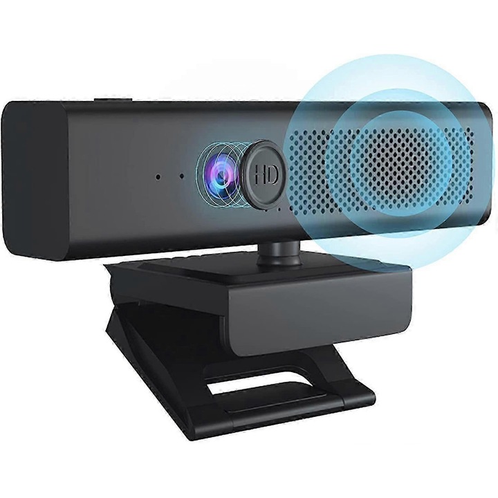 Уеб камера FRU-CJK0424-260919-1054, 1080P Full HD, HiFi високоговорител и 4 микрофона с шумопотискане, бутон за заглушаване, USB 2.0/3.0 plug-and-play, закрепване с щипка, черна