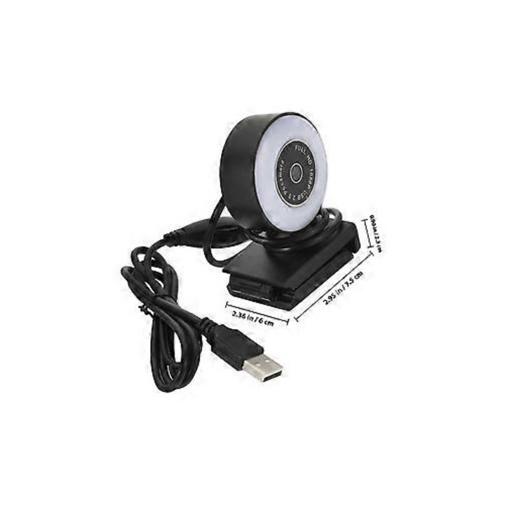 Уеб камера FRU-CJK0424-260918-1419, 5 MP, LED ринг, вграден микрофон, USB 2.0, 30 fps, ъгъл 95°, фиксиран фокус, черна