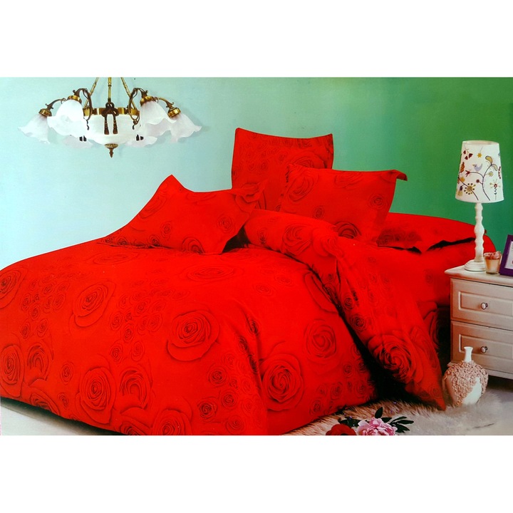 Спално бельо 100% памук наситено червен десен с червени рози Family Design спално бельо за 2 човека 4 части 230x250 /200x230/ 85x85 памук