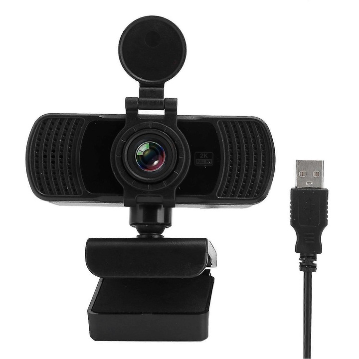 Уеб камера USB 2K (2560x1440) FRU-CJK0424-260919-1355, 4MP, 25 FPS, вграден микрофон, ротация на 360°, Plug and Play, USB 2.0, черна