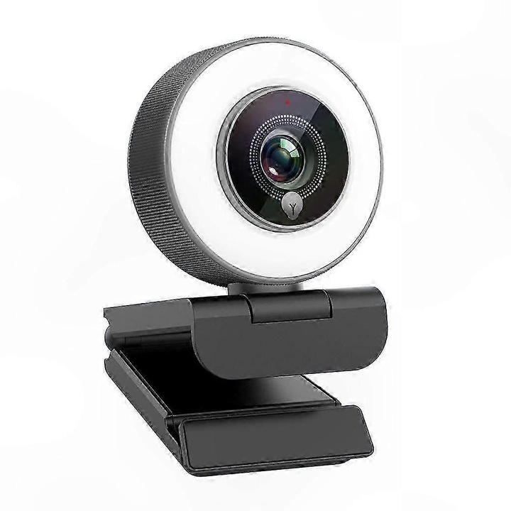 Уеб камера USB FRU-CJK0424-260919-1285, 1080p 60 fps, ъгъл 110°, автофокус, регулируем светещ пръстен 3 температури (3100K/4000K/5800K), двоен микрофон с шумопотискане, USB 2.0, кабел 1.7 м, черен/бял