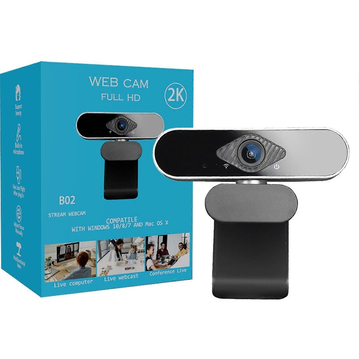 Уеб камера USB B02 FRU-CJK0424-260919-1002, 1080p/2K/4K, микрофон с шумопотискане, въртяща се регулируема щипка, черно/сребристо, 9.4x6x5.5 см