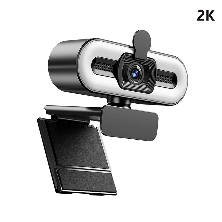 Уеб камера Q16 FRU-CJK0424-260919-1034, 2K/1080p, широкоъгълен обектив, автоматична корекция на светлината, микрофон с намаляване на шума, затвор за поверителност, регулируема щипка и статив, USB 2.0/3.0, черна