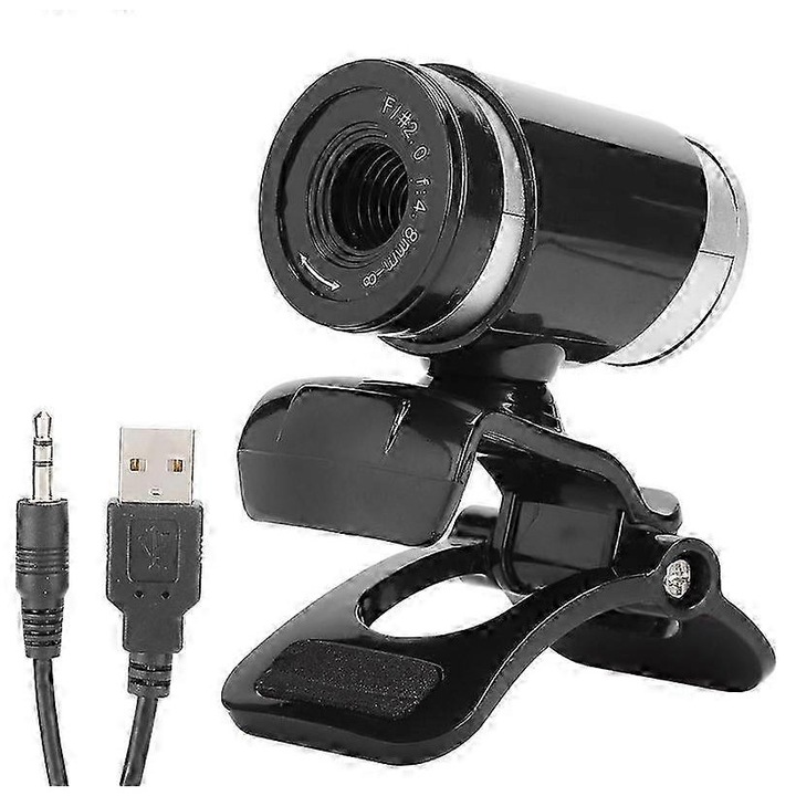 Уеб камера USB FRU-CJK0424-260919-842, 480p HD, вграден микрофон с намаляване на шума (до 10 м), plug-and-play, оптимизиран фиксиран фокус 60 см, наклон 30° и ротация 360°, черна