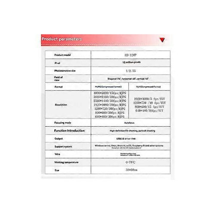 Уеб камера FRU-CJK0424-260919-480, 12 MP, 4K, автофокус със сензор IMX362, USB 2.0 plug-and-play, сензор 1/2.55, диагонално зрително поле 76°