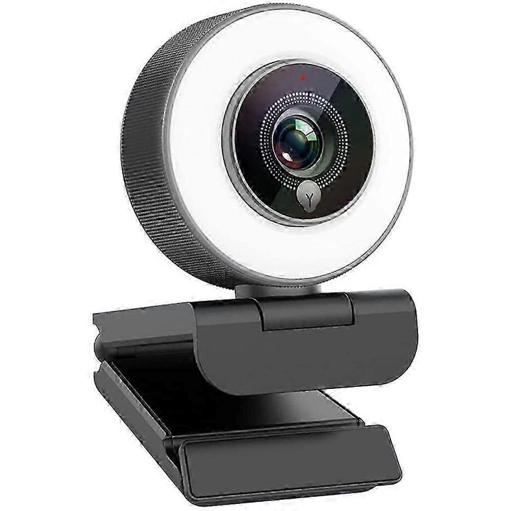 Уеб камера 4K FRU-CJK0424-260919-488, стрийминг 4K/30FPS с широк ъгъл 110°, регулируемо кръгово осветление 3 нива (топло/бяло/студено), стерео микрофон с намаляване на шума, USB 2.0 plug-and-play, черна