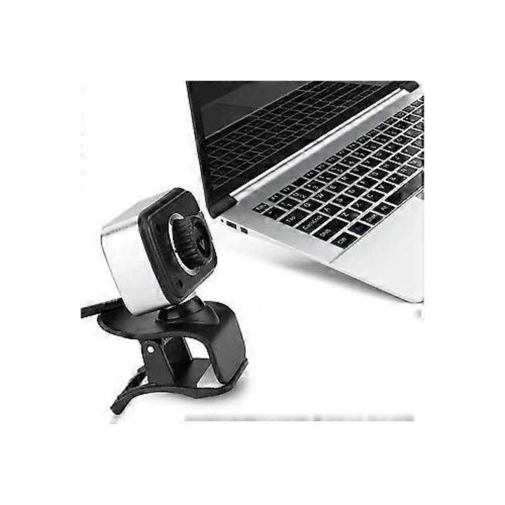 Уеб камера USB FRU-CJK0424-260919-839, HD с вграден микрофон, въртене на 360°, наклон на 60°, нощно виждане с LED, plug-and-play, черно/сребристо