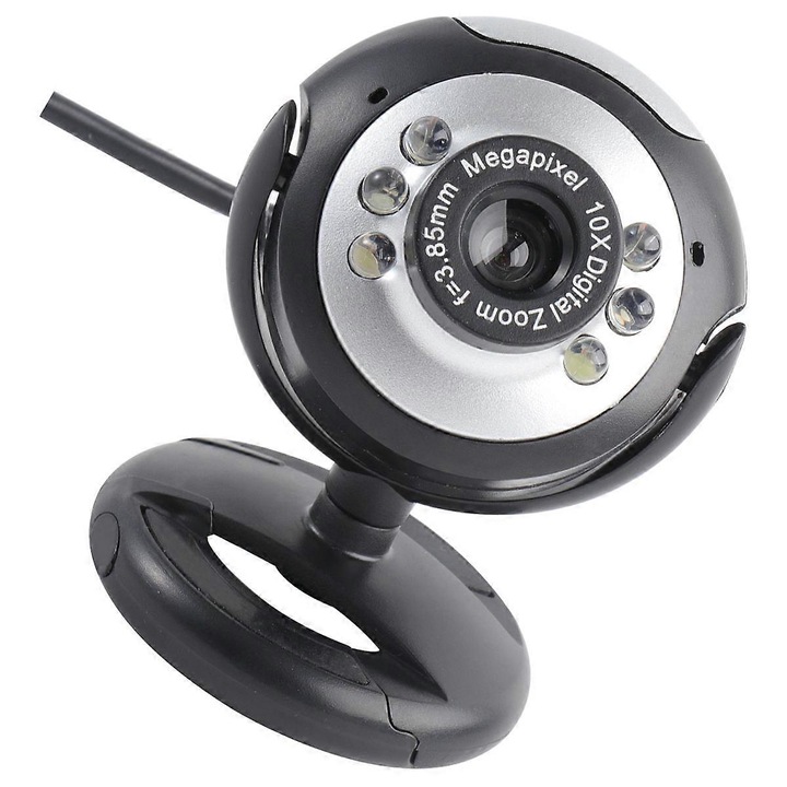 Уеб камера FRU-CJK0424-260918-1391, 1.3MP CMOS сензор, динамична резолюция 1600x1200, вграден микрофон, 6 LED, съвместима с USB 2.0, със щипка, черна