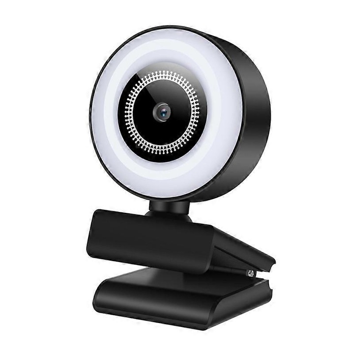 Уеб камера B12 FRU-CJK0424-260918-1351, Full HD 1080p, USB 2.0, ъгъл на видимост 360°, ринг осветление с 3 нива, вграден микрофон с намаляване на шума, черна