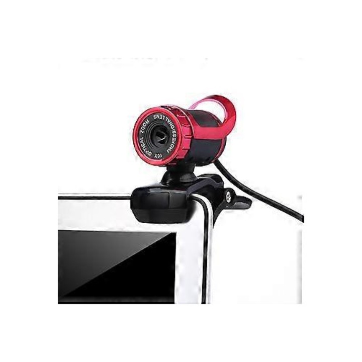 Уеб камера FRU-CJK0424-260918-1173, USB 2.0 с вграден микрофон, CMOS сензор 5MP, видео 640x480 60fps, ръчен фокус, кабел 1.4 м, червено/черно