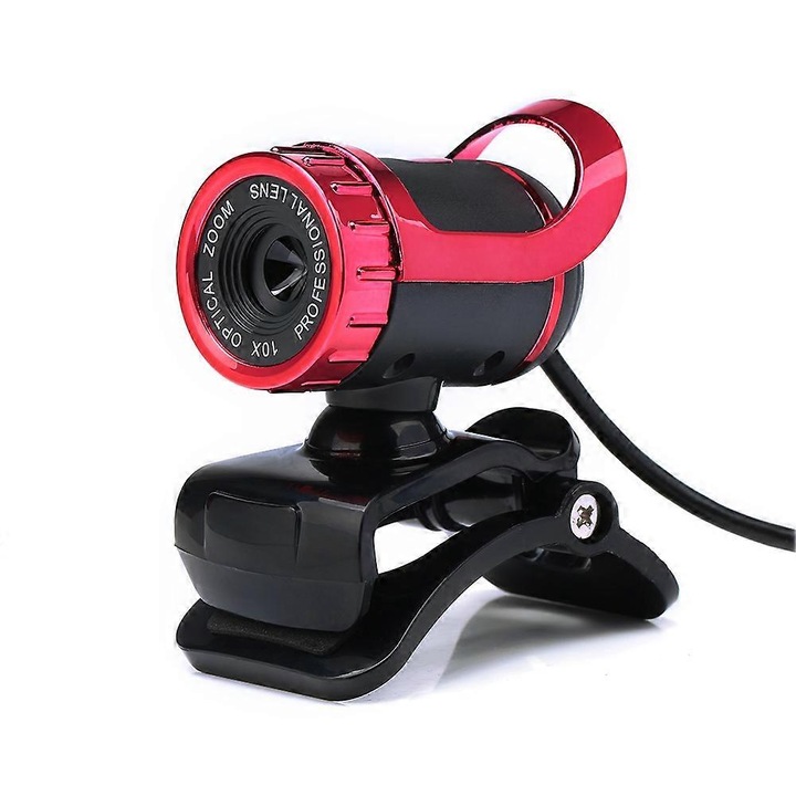 Уеб камера FRU-CJK0424-260918-1173, USB 2.0 с вграден микрофон, CMOS сензор 5MP, видео 640x480 60fps, ръчен фокус, кабел 1.4 м, червено/черно